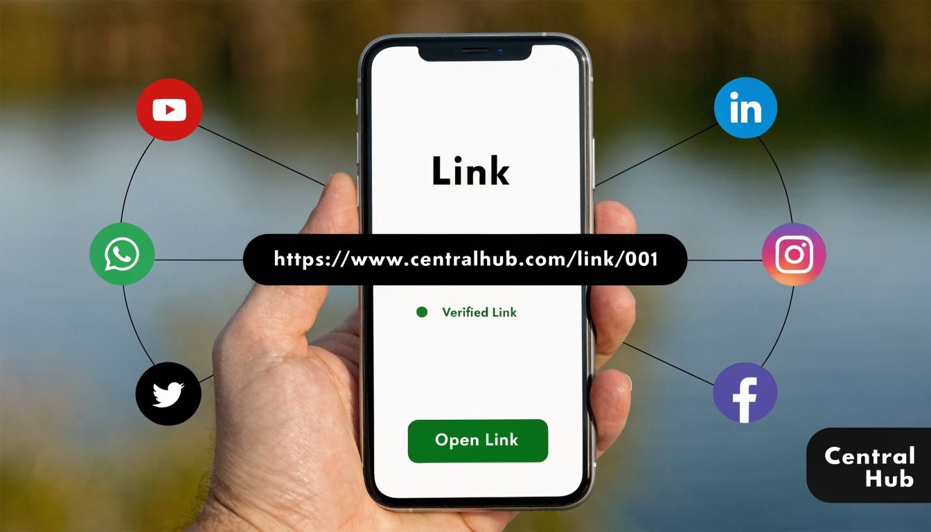 A hand holding a smartphone displaying a verified link page connected to various social media icons.