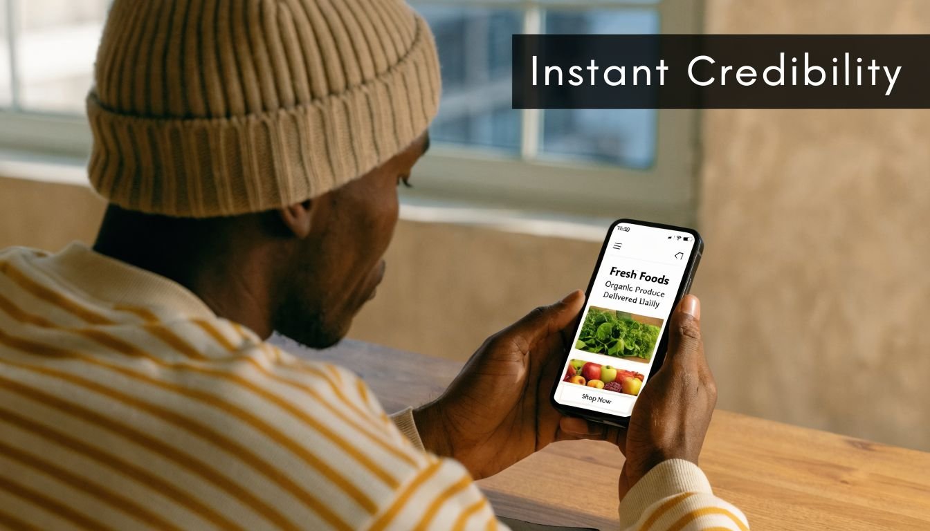 A person in a striped sweater viewing a fresh food grocery shopping app on a smartphone.