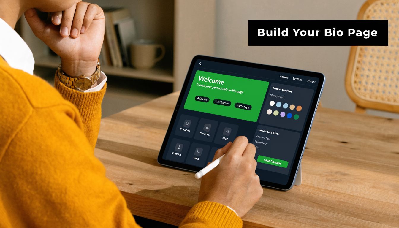 A person using a stylus on a tablet to customize their social media bio page website interface.