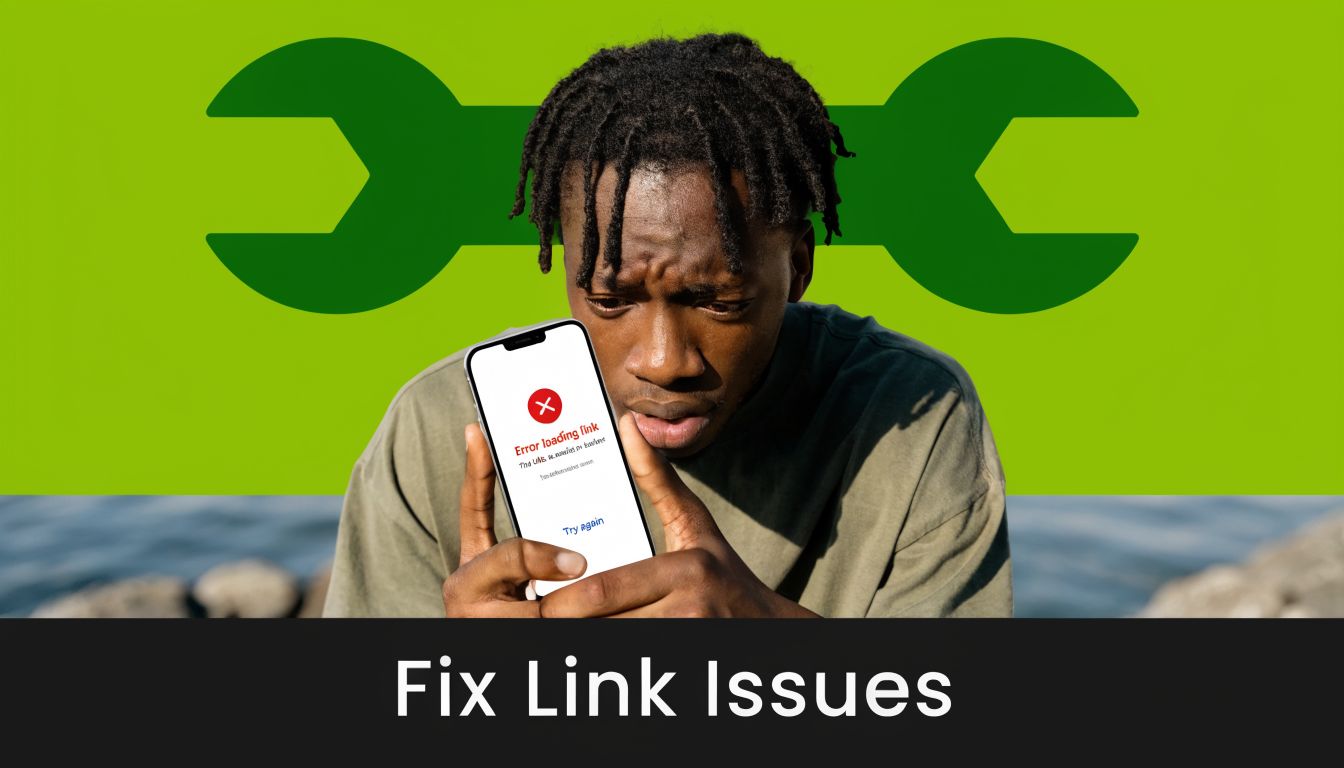 A concerned young man looking at his smartphone showing an error message regarding a broken link.