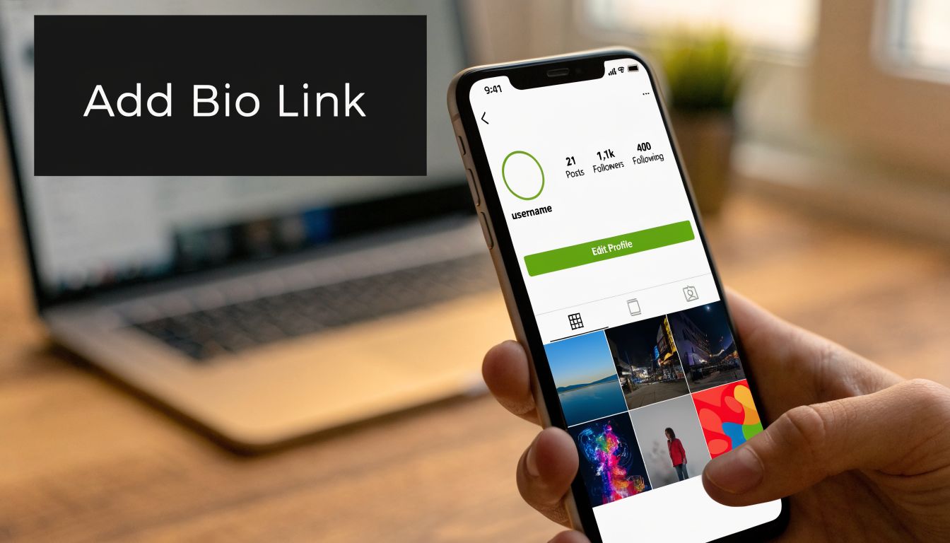 A person holding a smartphone showing an Instagram profile page to demonstrate adding a bio link.