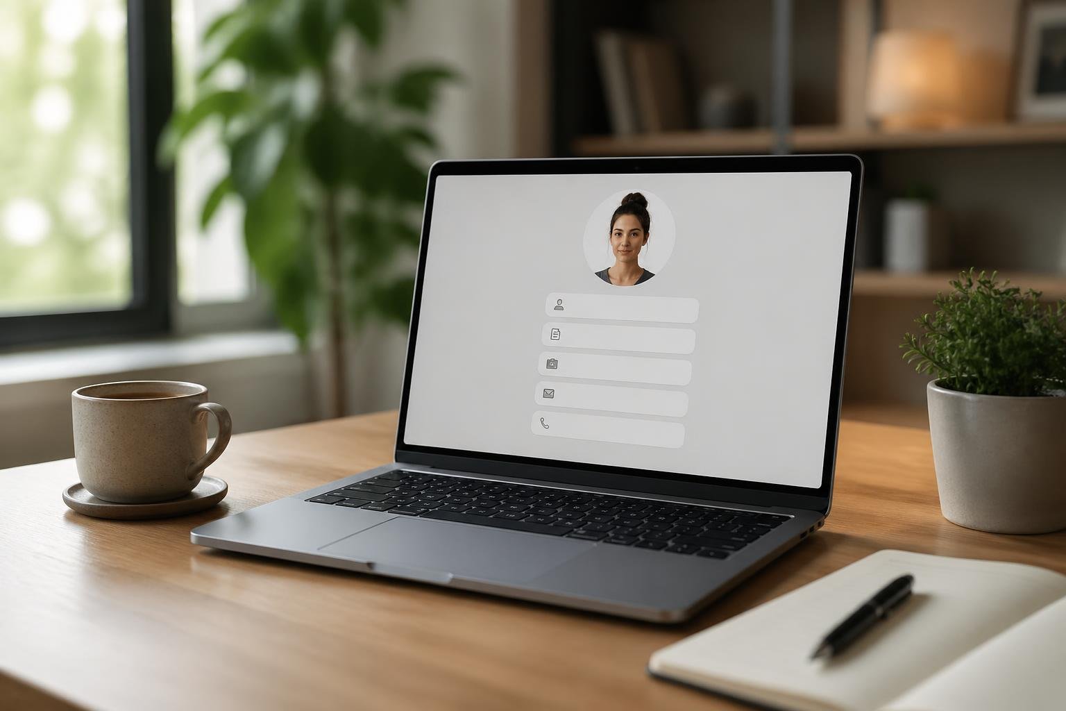 A modern workspace with a laptop displaying a personal profile page, a coffee cup, and a small plant on a wooden desk.