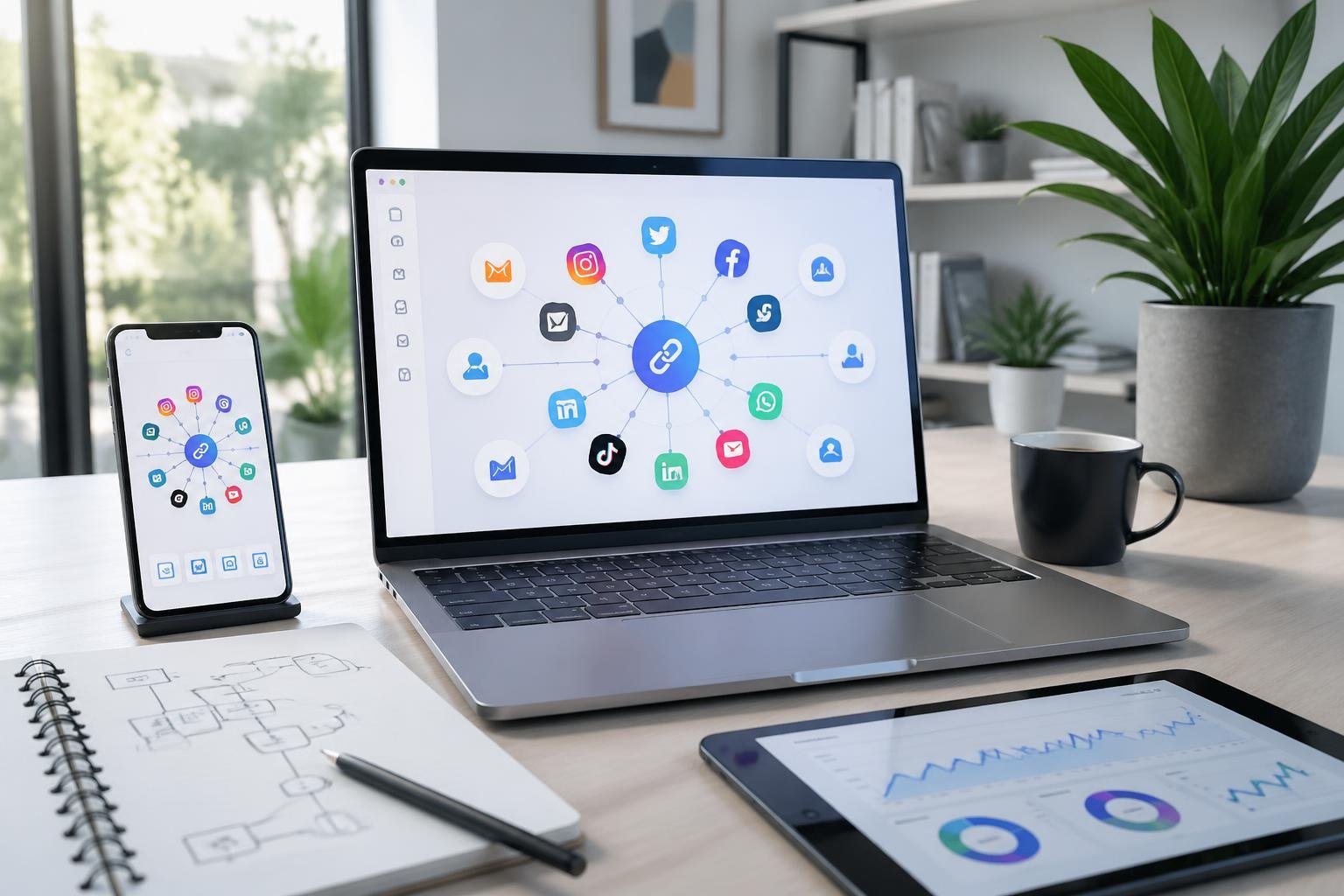 A digital workspace with a laptop, smartphone, and tablet showing interconnected social media icons and analytics, representing modern link in bio tools.