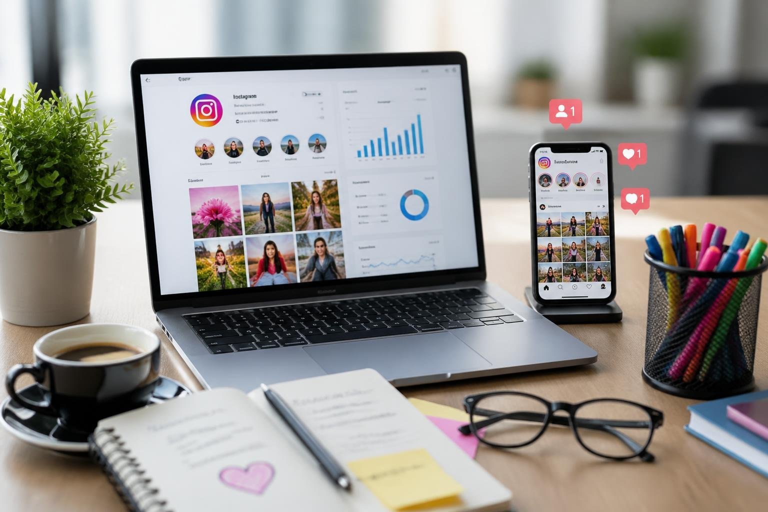 A modern workspace with a laptop showing an Instagram profile and analytics, a smartphone with the Instagram app, and marketing tools on a desk.