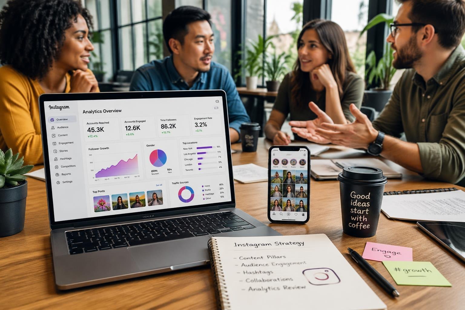 A group of young professionals discussing Instagram marketing around a table with a laptop displaying analytics and a smartphone showing an Instagram feed in a bright office.