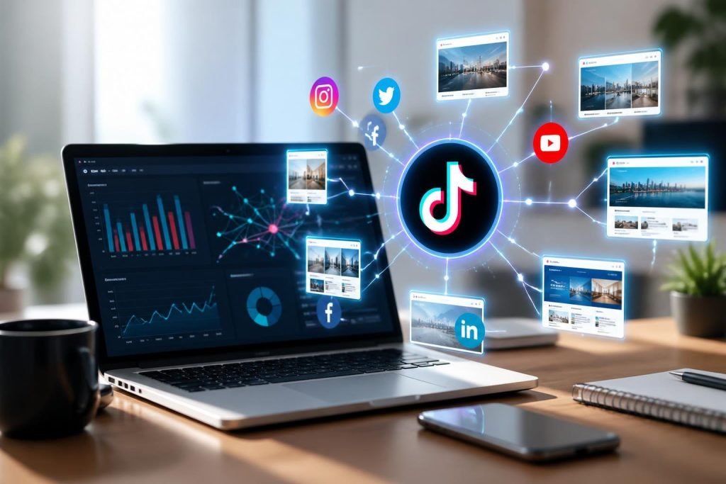 A laptop on a desk showing digital marketing graphics with TikTok icons connected to web pages, representing social media backlinks.