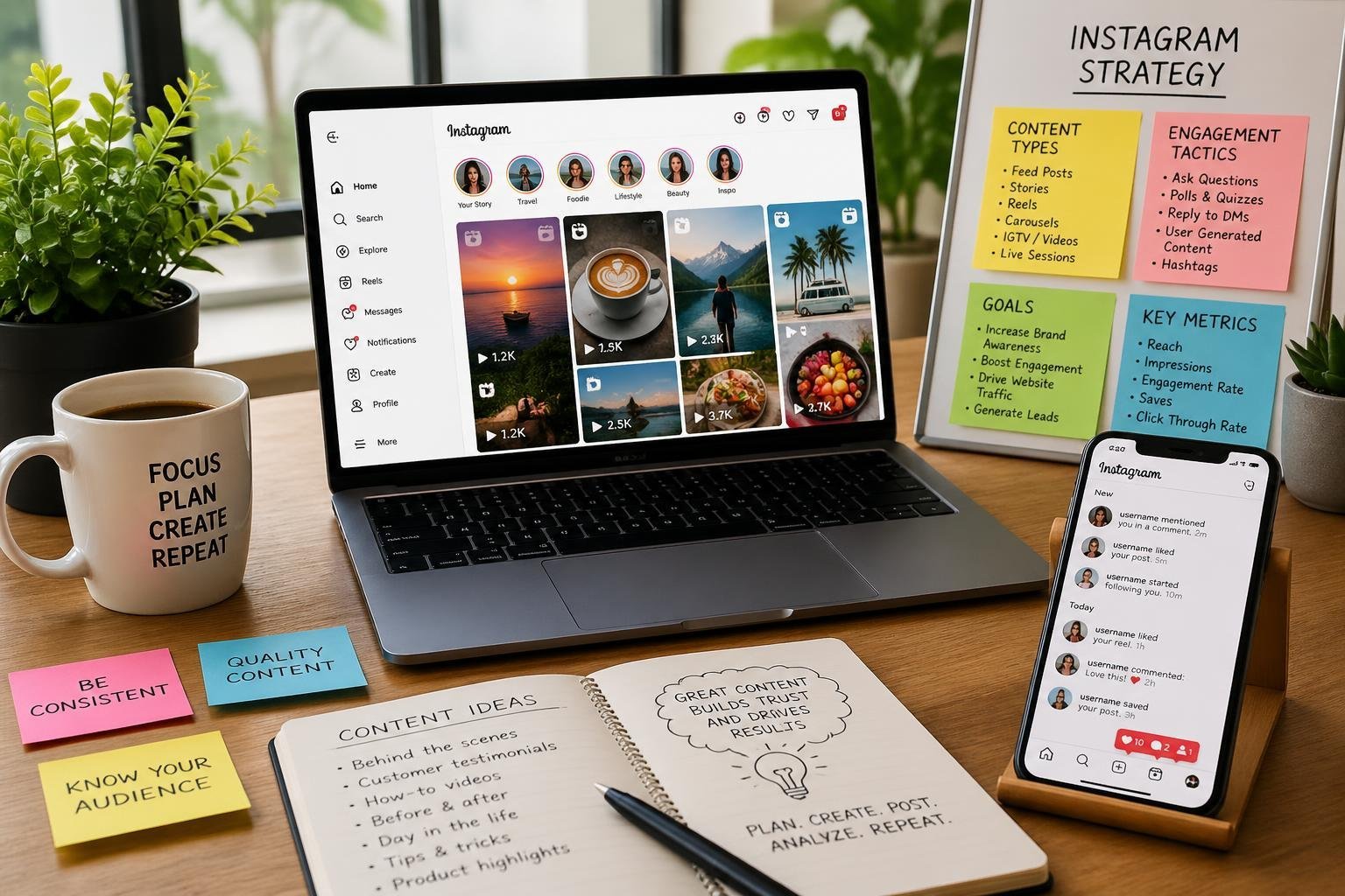 A workspace with a laptop showing an Instagram feed, a smartphone with notifications, sticky notes, a coffee cup, and a notepad on a desk near a window with plants.