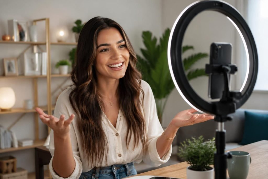 A young woman recording a video with a smartphone on a tripod and ring light in a cozy room.