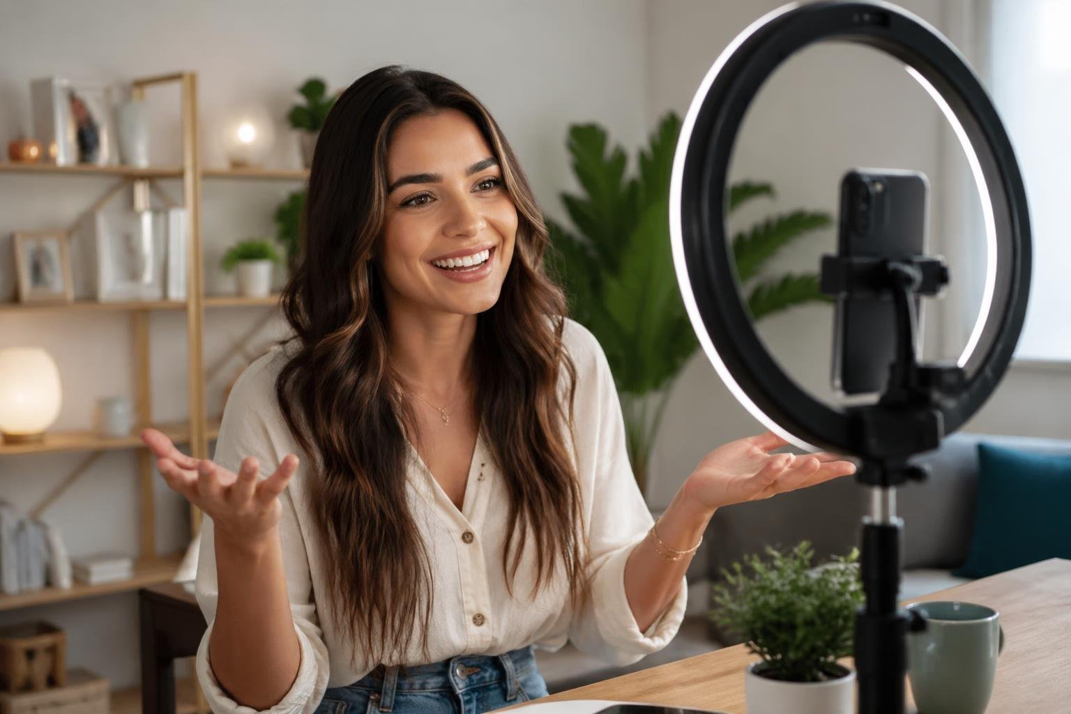 A young woman recording a video with a smartphone on a tripod and ring light in a cozy room.