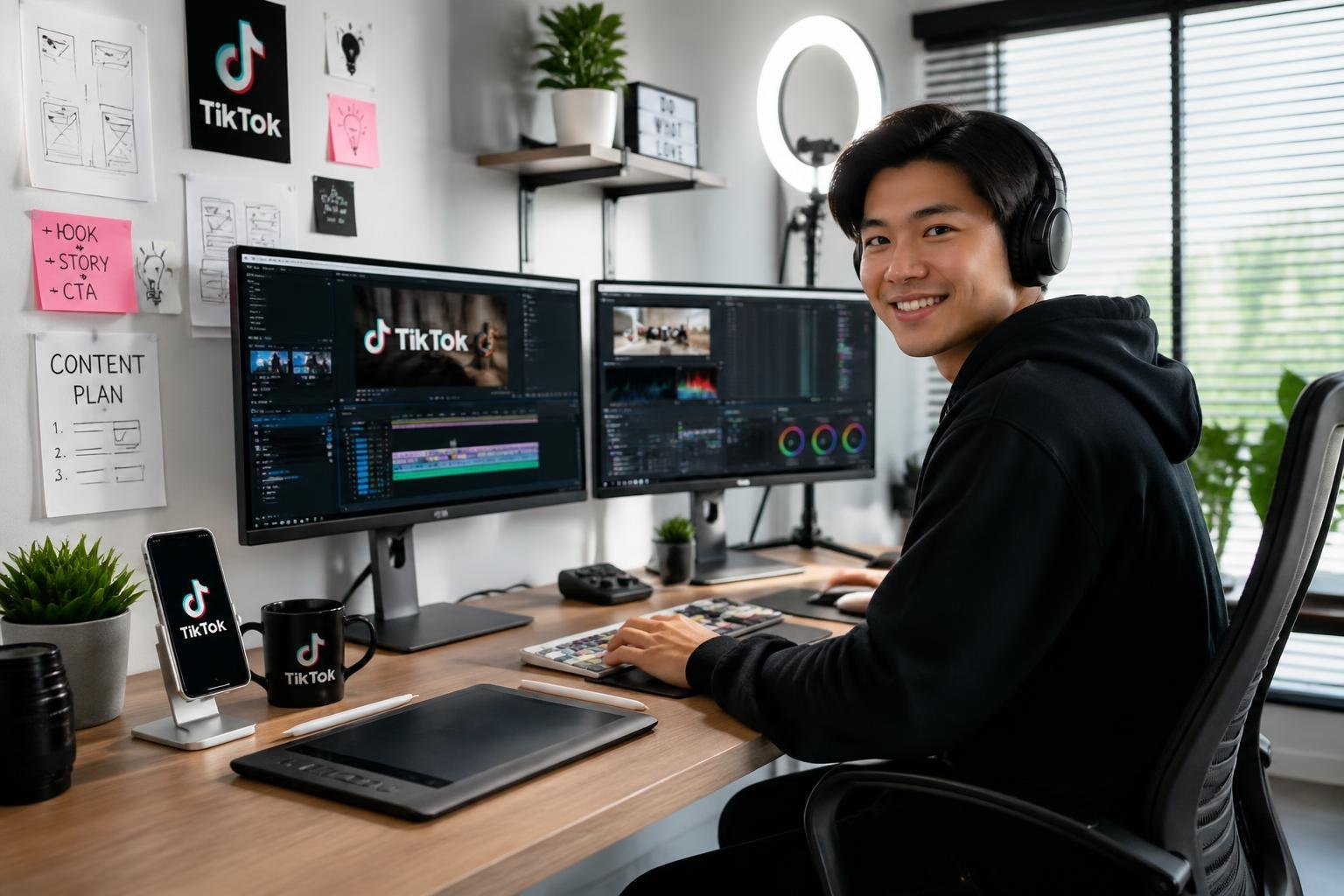 A person editing videos on multiple monitors at a bright workspace with a smartphone showing TikTok nearby.