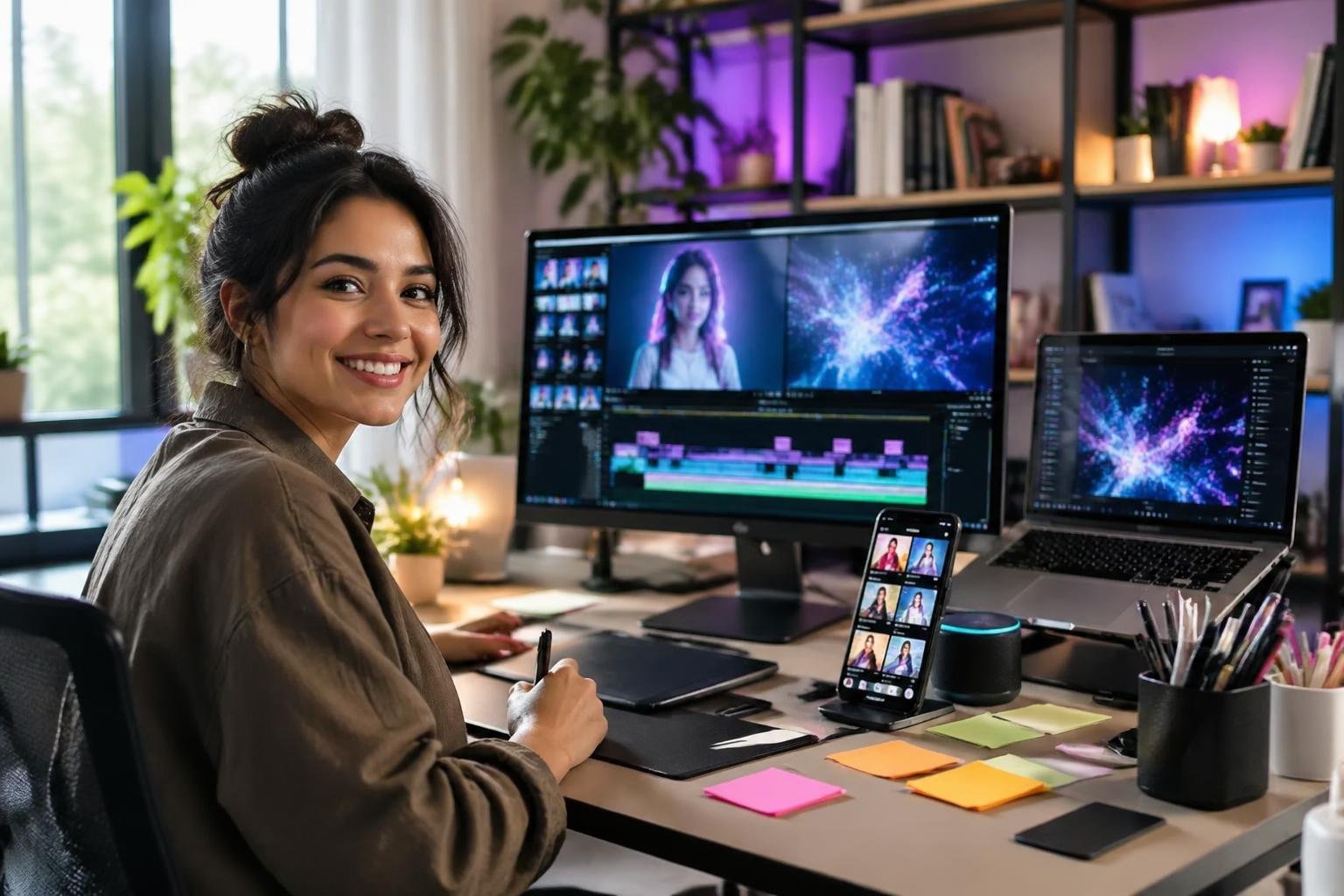 A young woman working at a desk with multiple screens showing video editing software and a smartphone displaying TikTok, surrounded by creative tools in a bright, modern workspace.