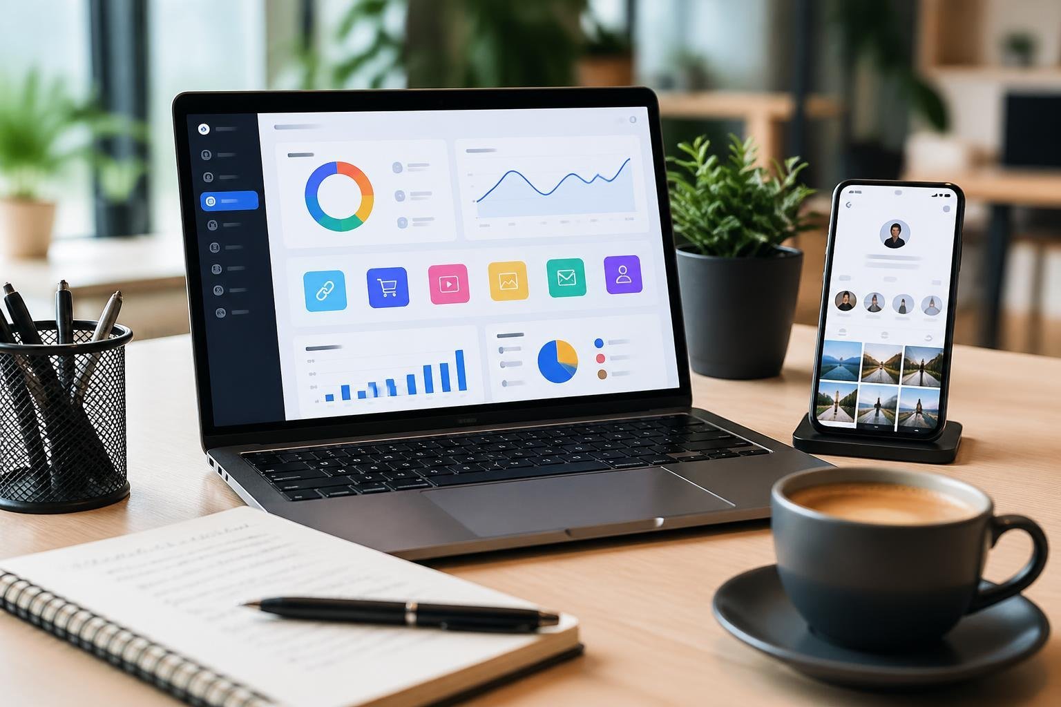 A modern workspace with a laptop, smartphone, notepad, and coffee cup arranged neatly on a desk.
