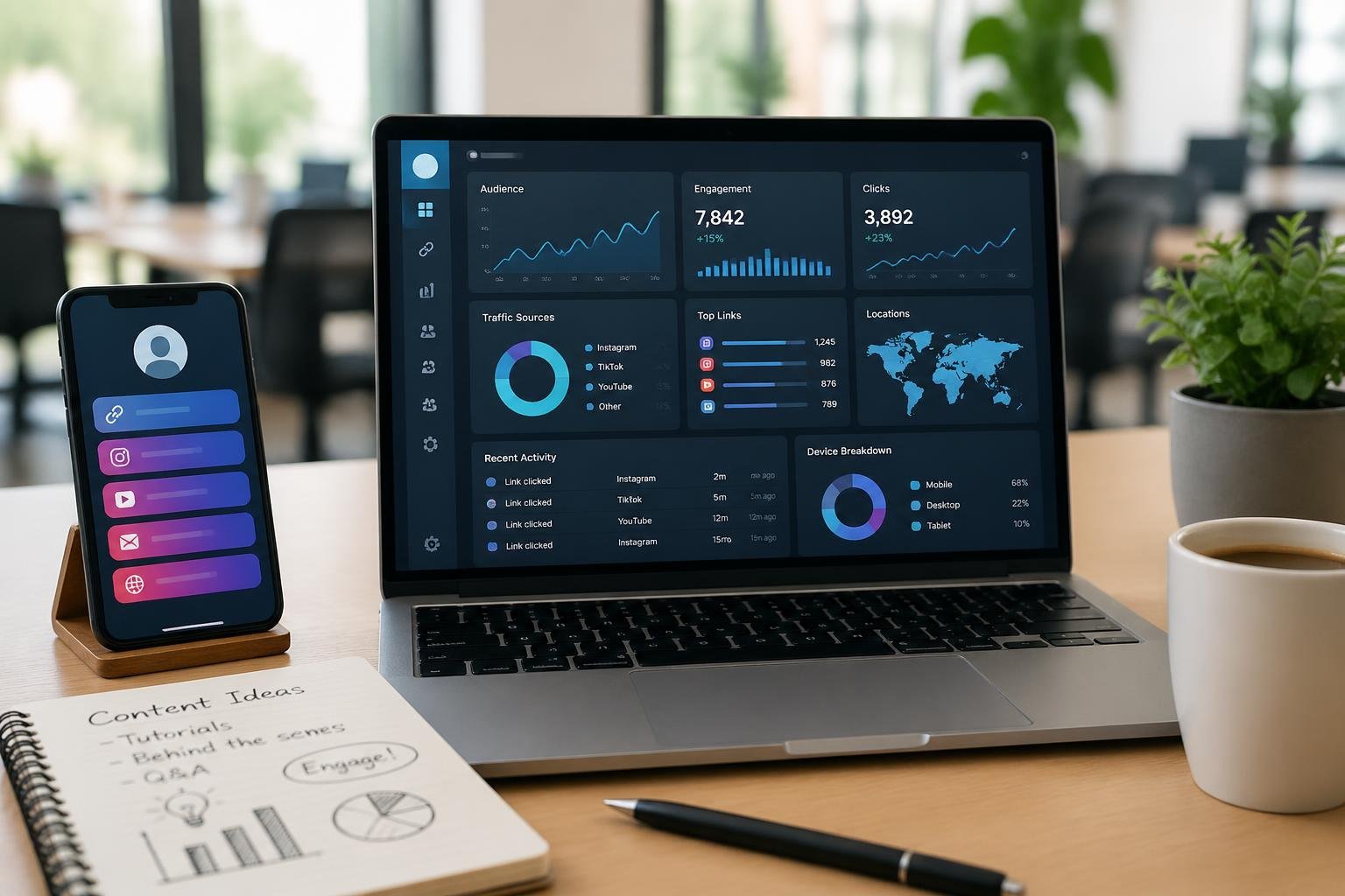 A modern workspace with a laptop showing social media analytics, a smartphone displaying link in bio features, a notebook, and a cup of coffee on a desk.
