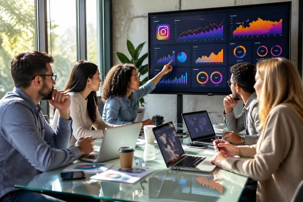 A group of young professionals working together around a table, reviewing social media analytics on a large screen in a bright office.