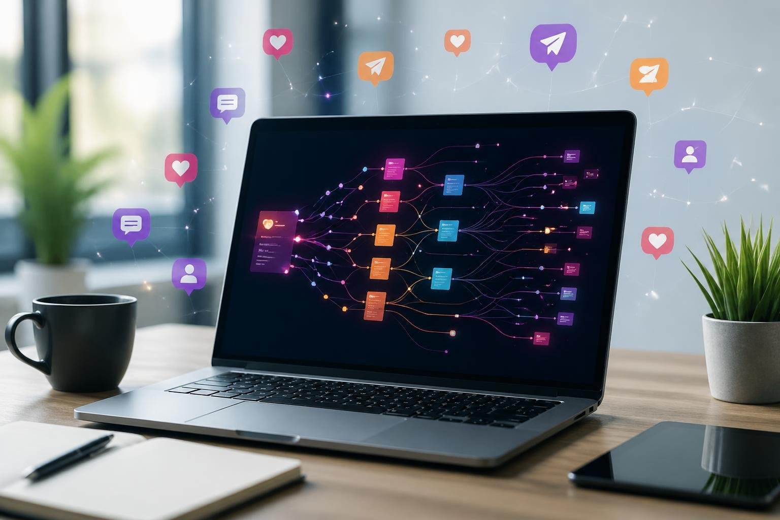 A laptop on a desk showing colorful data visuals with floating social media icons around it in a bright workspace.