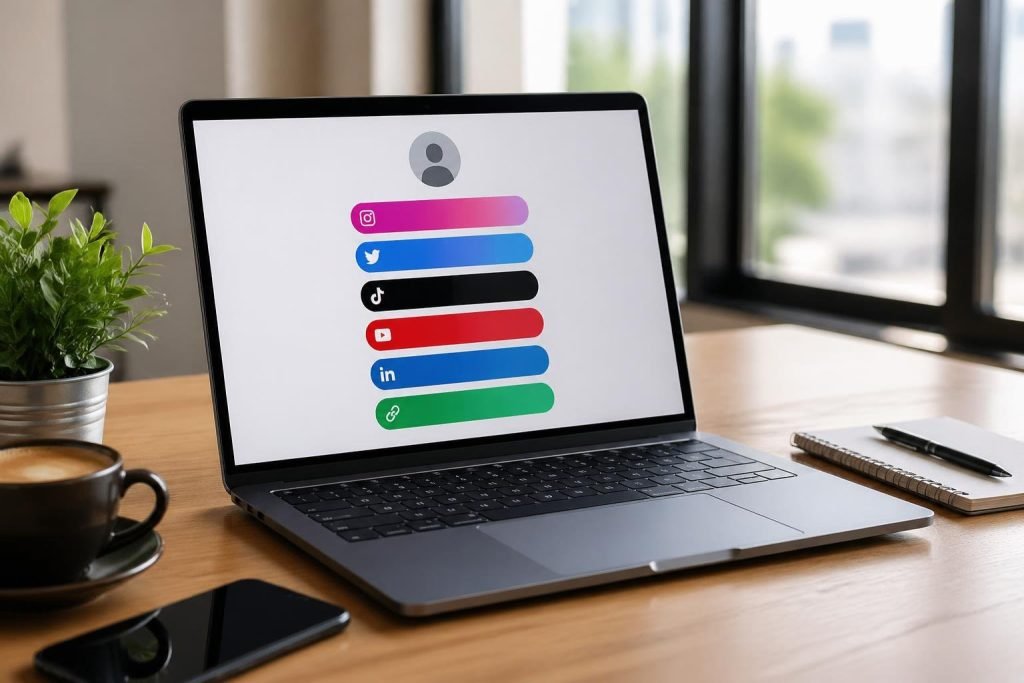 A laptop on a wooden desk showing a clean bio link page interface with colorful buttons, surrounded by a smartphone, coffee cup, and notebook.