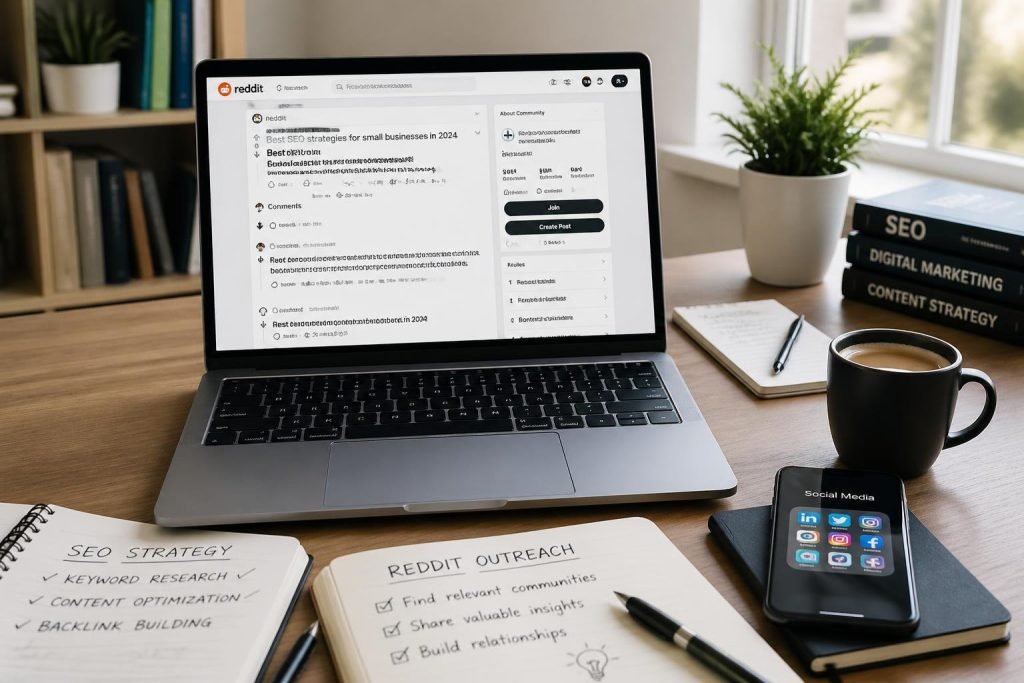 A person working at a desk with a laptop showing a Reddit webpage, surrounded by a smartphone, notes, and a cup of coffee.