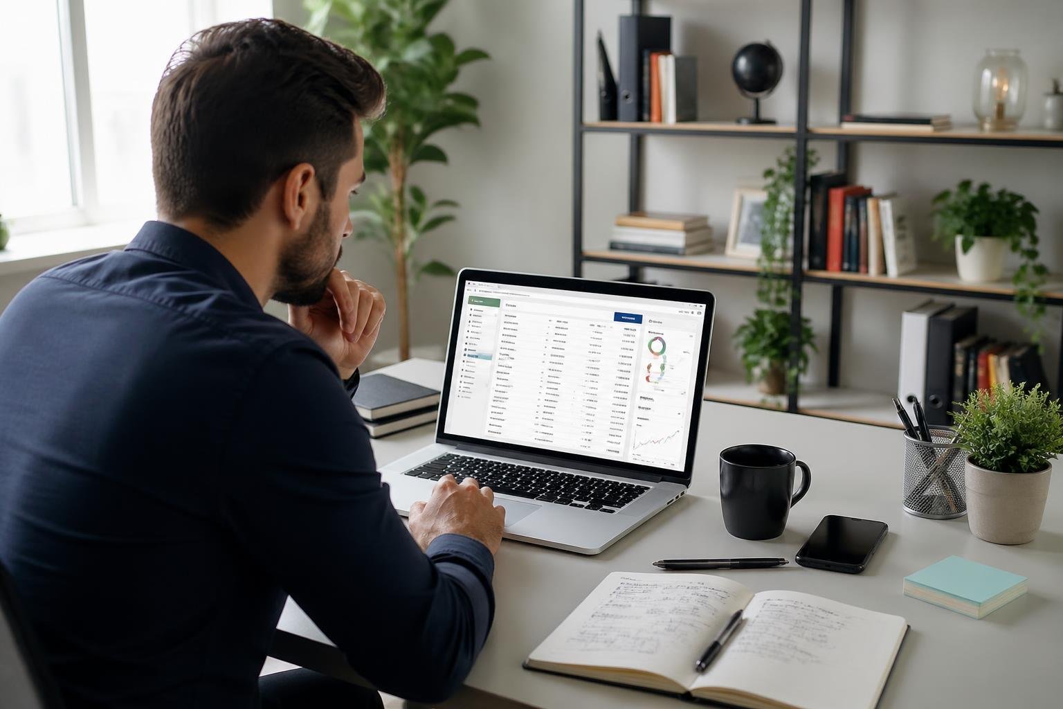 A person working at a desk with a laptop, analyzing online content related to Reddit and backlink research in a bright office.