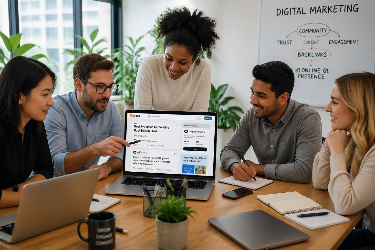 A group of young professionals collaborating around a table with laptops and smartphones in a modern office.