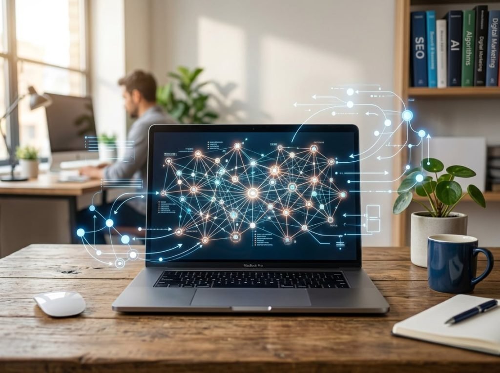 A laptop on a desk showing a digital network visualization with interconnected nodes and lines, surrounded by holographic data elements in a modern workspace.