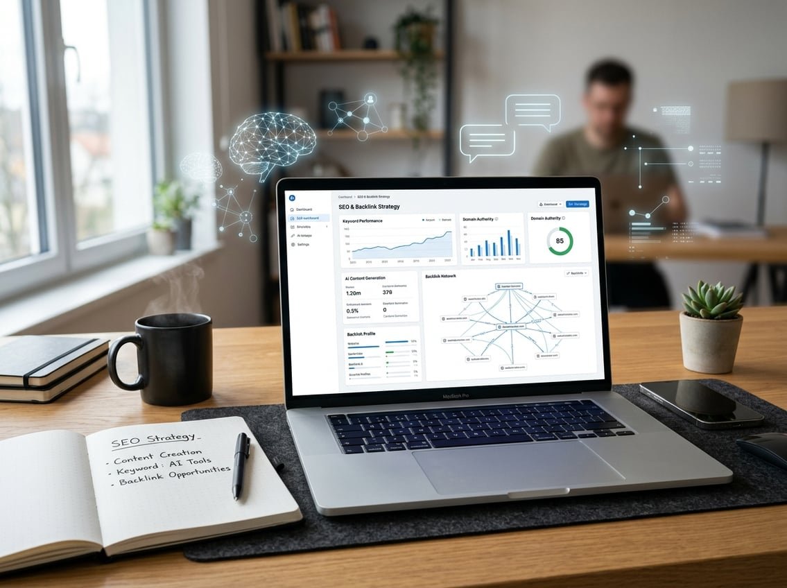 A modern workspace with a laptop showing digital graphs and backlink visuals, surrounded by a notebook, smartphone, and coffee cup.