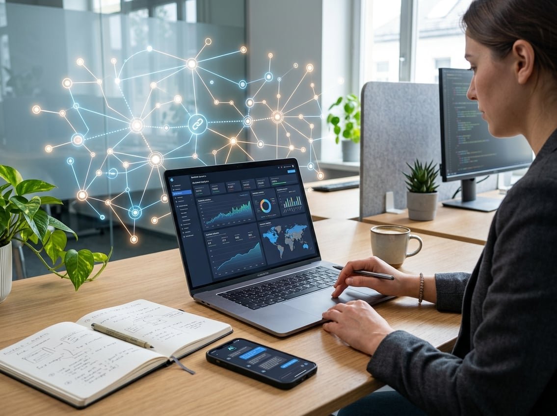 A modern workspace with a laptop showing data analytics, notebooks, and a smartphone with a chat interface, with a glowing digital network in the background.