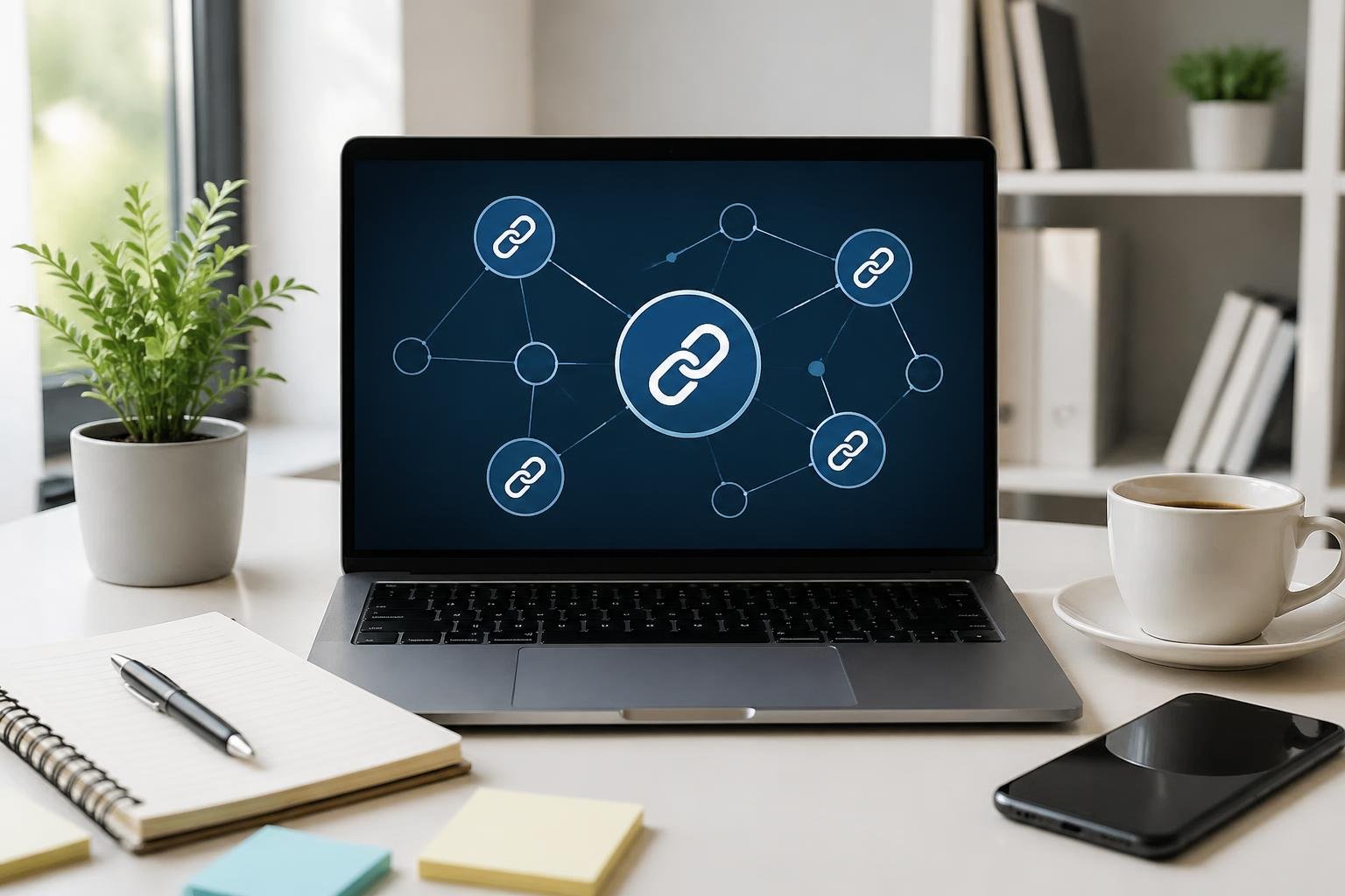 A laptop on a desk showing a webpage with link icons, surrounded by notes, a smartphone, and a coffee cup in a tidy workspace.