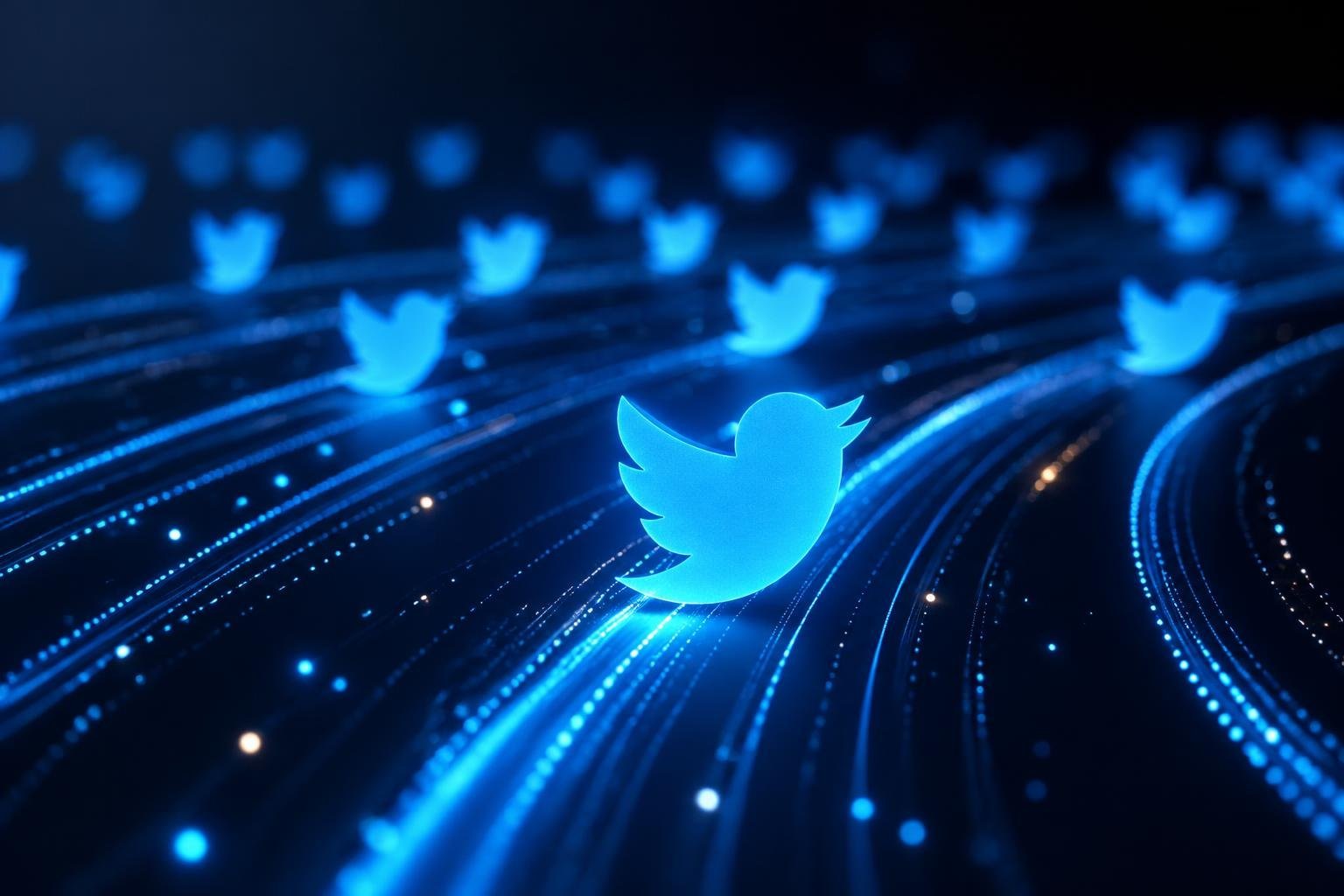 Glowing blue Twitter bird icons flowing along illuminated network lines on a dark background, representing online social media activity.