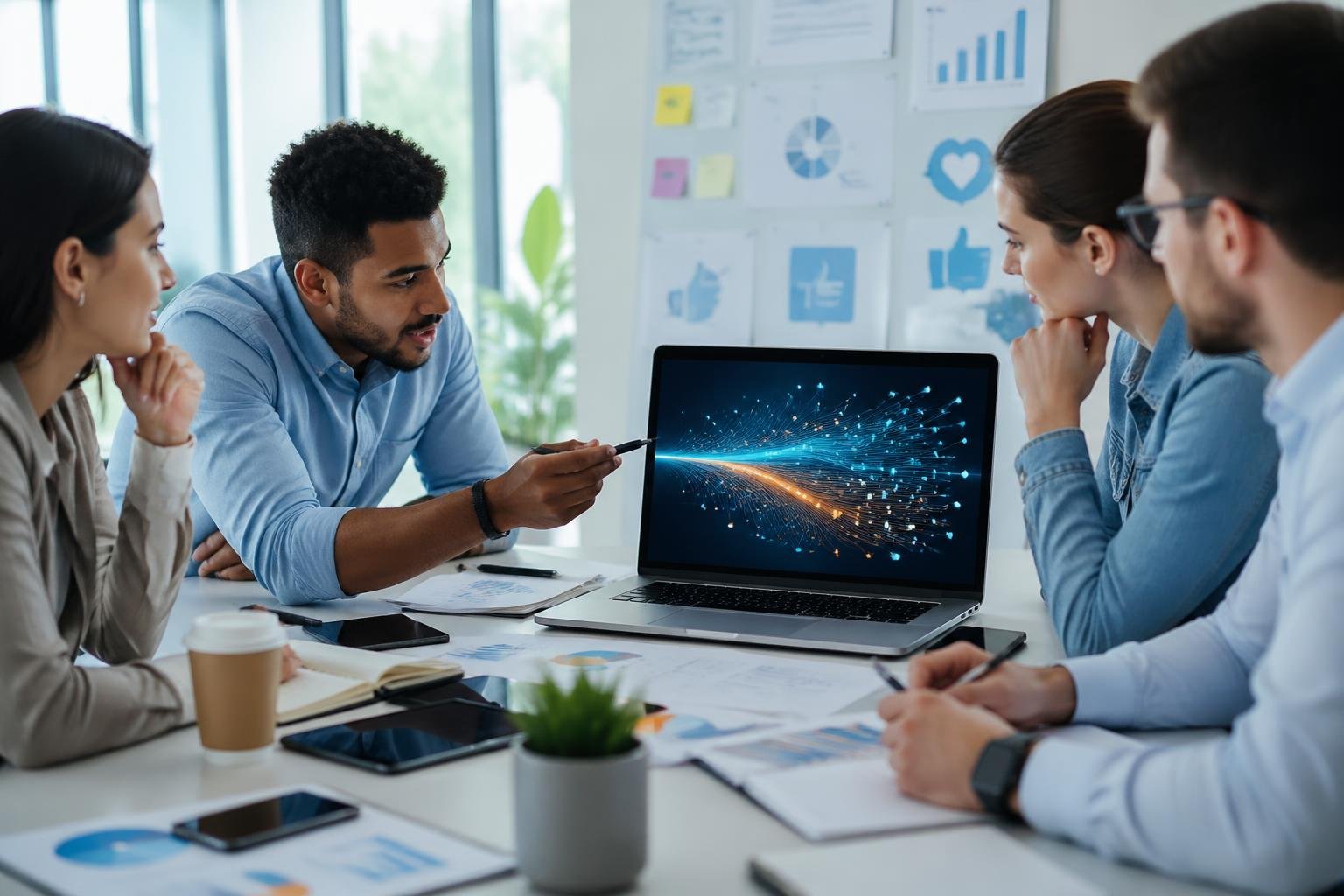 A group of professionals analyzing social media data on a laptop in a bright office setting.
