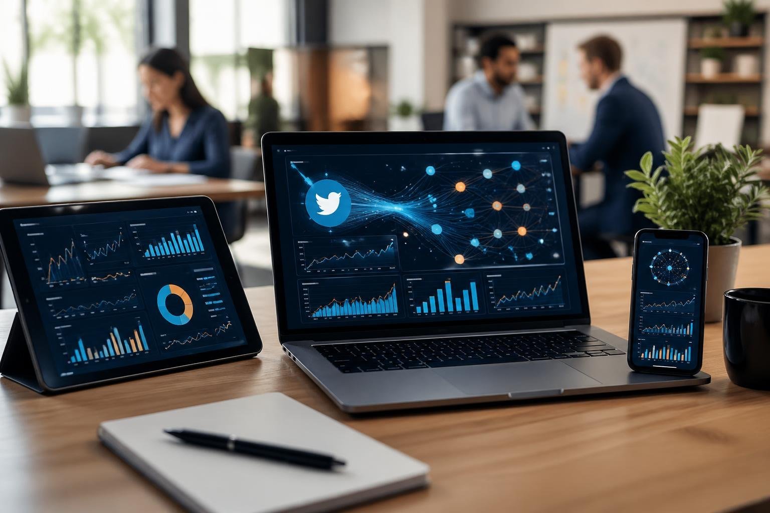 A workspace with multiple digital devices showing colorful graphs and data visualizations representing social media traffic and website performance.