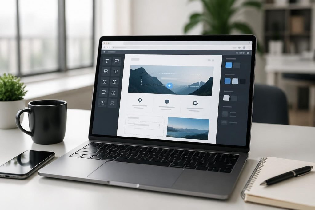 A laptop on a desk showing a website builder interface with office items around it.