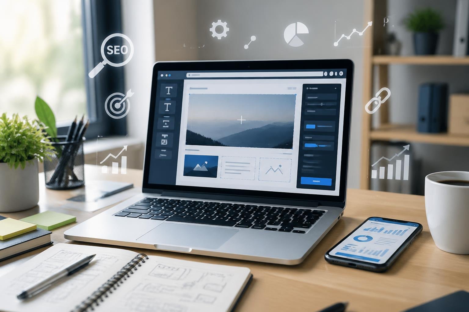 A modern workspace with a laptop showing a website builder interface, a smartphone displaying analytics, a notebook, and a cup of coffee on a clean desk.