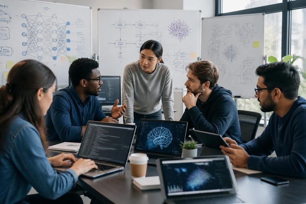 A group of software developers working together at a desk with laptops and whiteboards showing AI-related diagrams in a bright office.