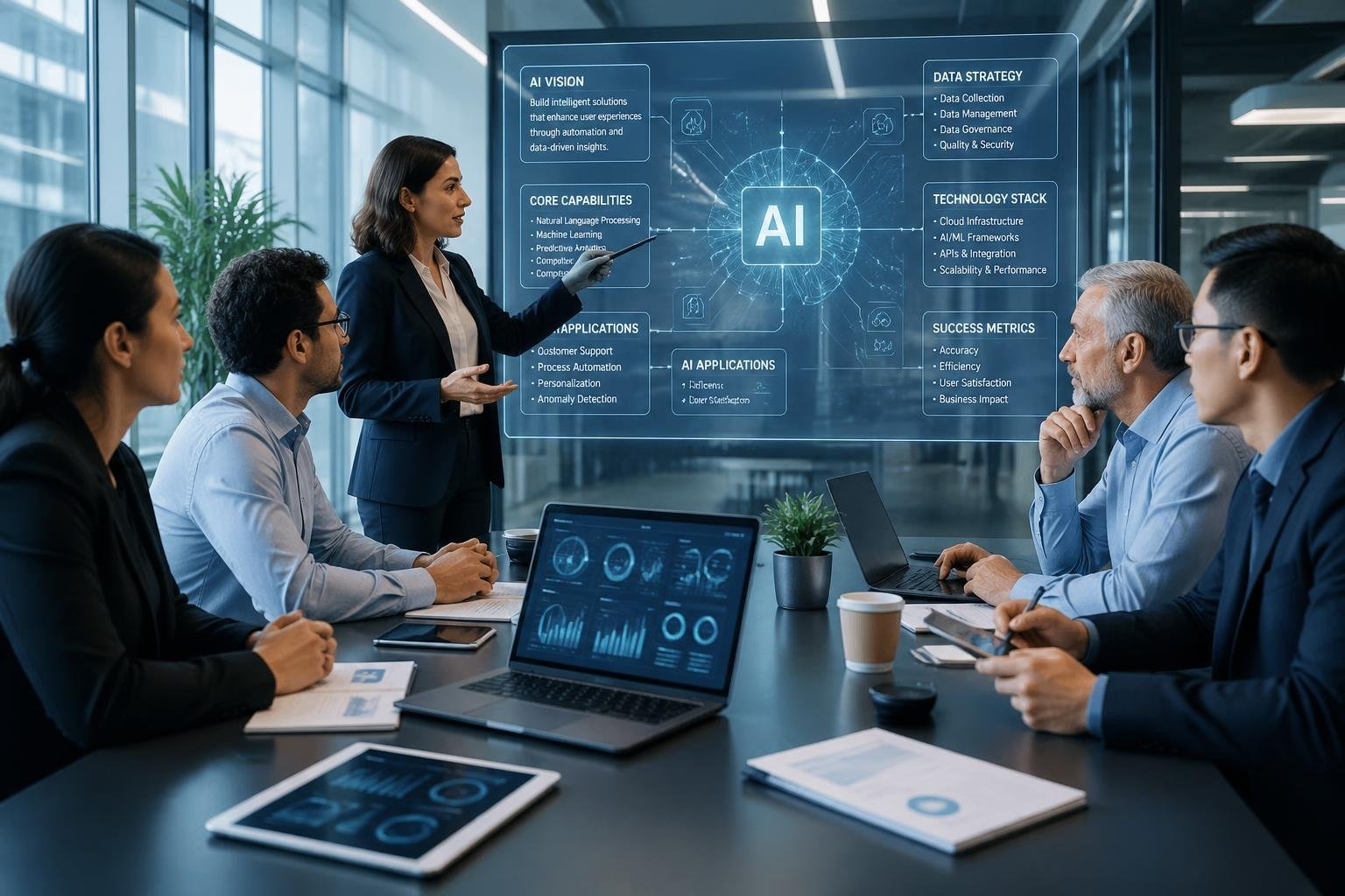 A group of professionals collaborating around a conference table with laptops and digital screens showing AI-related graphics.