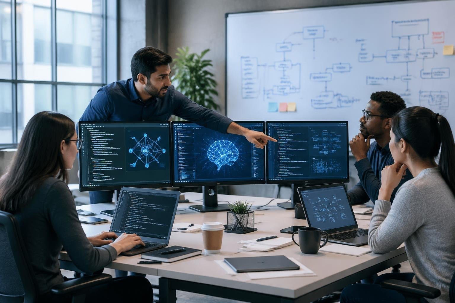A team of developers working together at a desk with multiple screens showing AI-related content in a bright office.