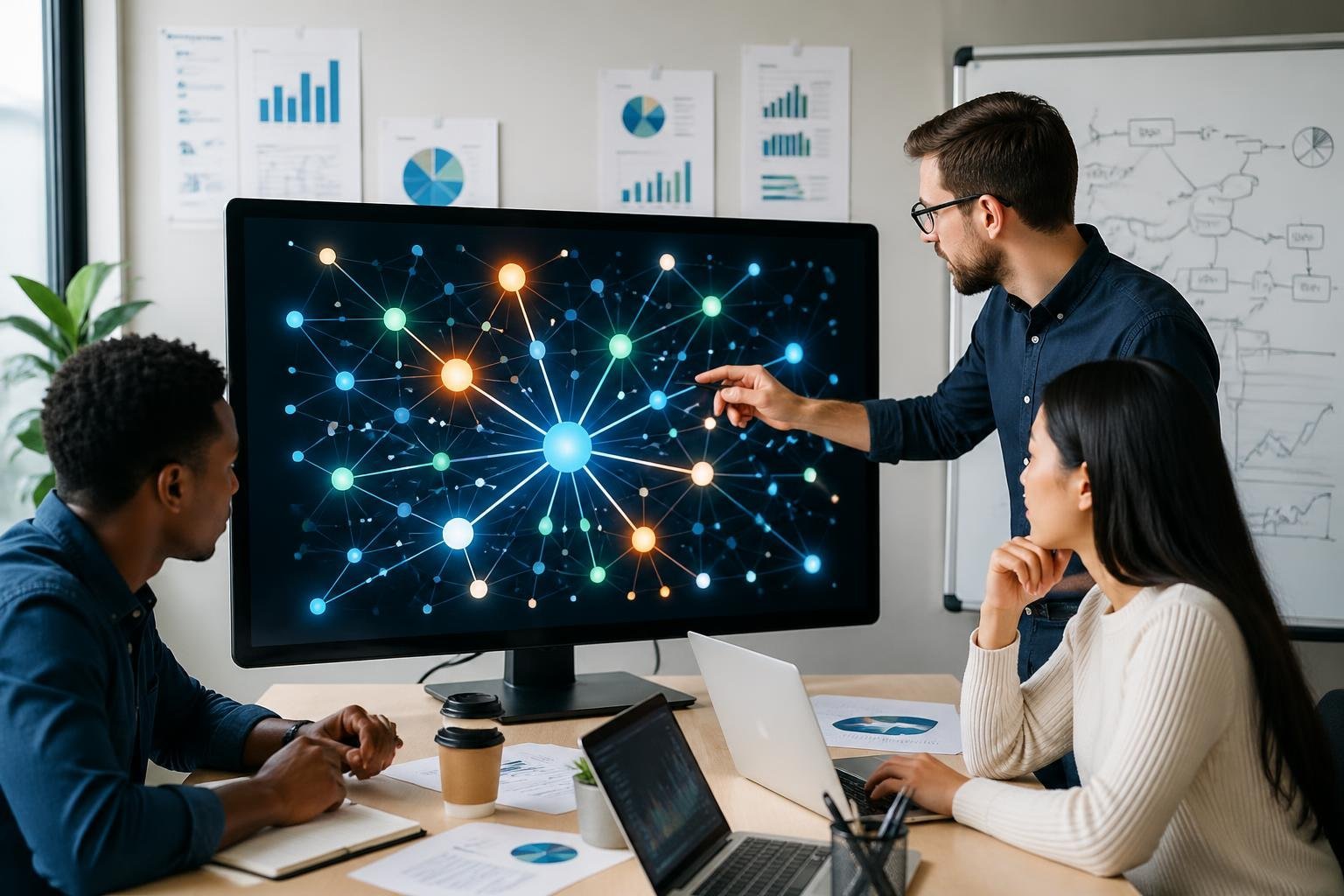 A group of professionals analyzing a computer screen displaying a network graph of interconnected nodes representing website links in a modern office.