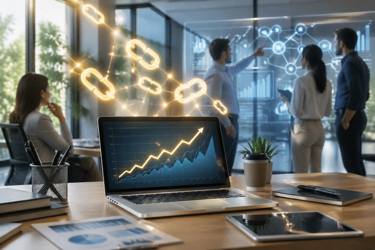 A modern workspace with a laptop showing growth charts, glowing chain links above the desk, and a team collaborating in the background.