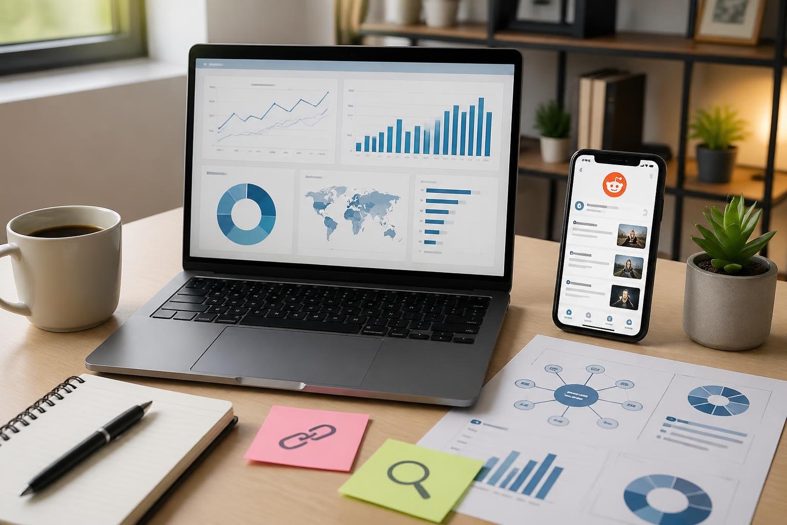 A modern workspace with a laptop showing analytics, a smartphone displaying a social media app, and notes on a desk, suggesting digital marketing and link building.