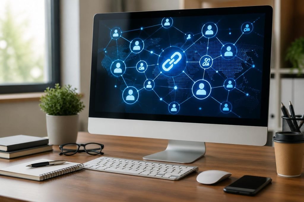 A workspace with a computer displaying interconnected digital nodes on the screen, surrounded by office items on a wooden desk.