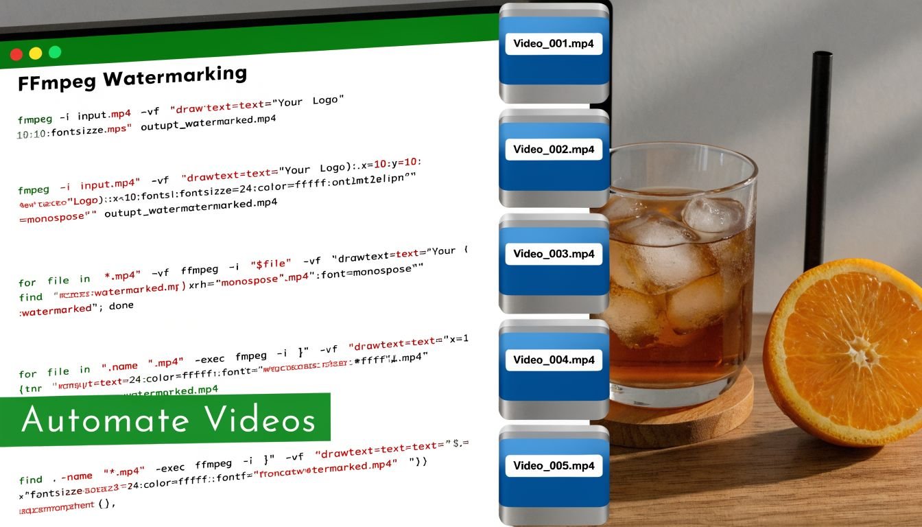 A digital screen showing coding tutorials for adding watermarks to videos next to a drink and fruit.