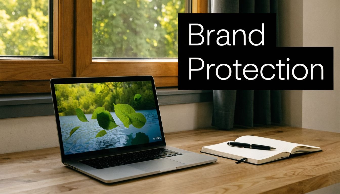 A laptop on a wooden desk with a notebook and pen, featuring nature-themed wallpaper and text.