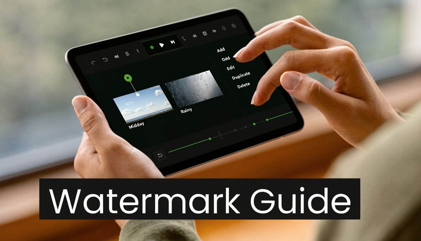 A person editing a video on a tablet screen, highlighting options to add, edit, or delete watermarks.