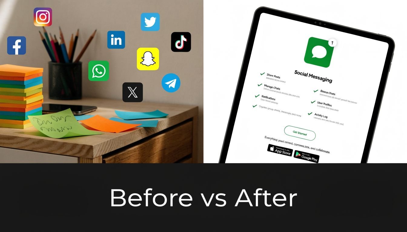 A split screen image showing messy social media icons on a desk versus a clean app interface.