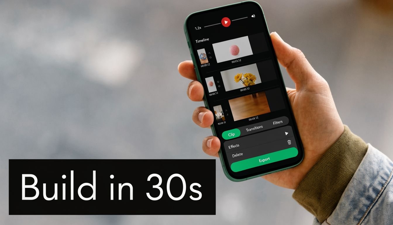 A person holding a smartphone showing a video editing application with a project timeline and export button.
