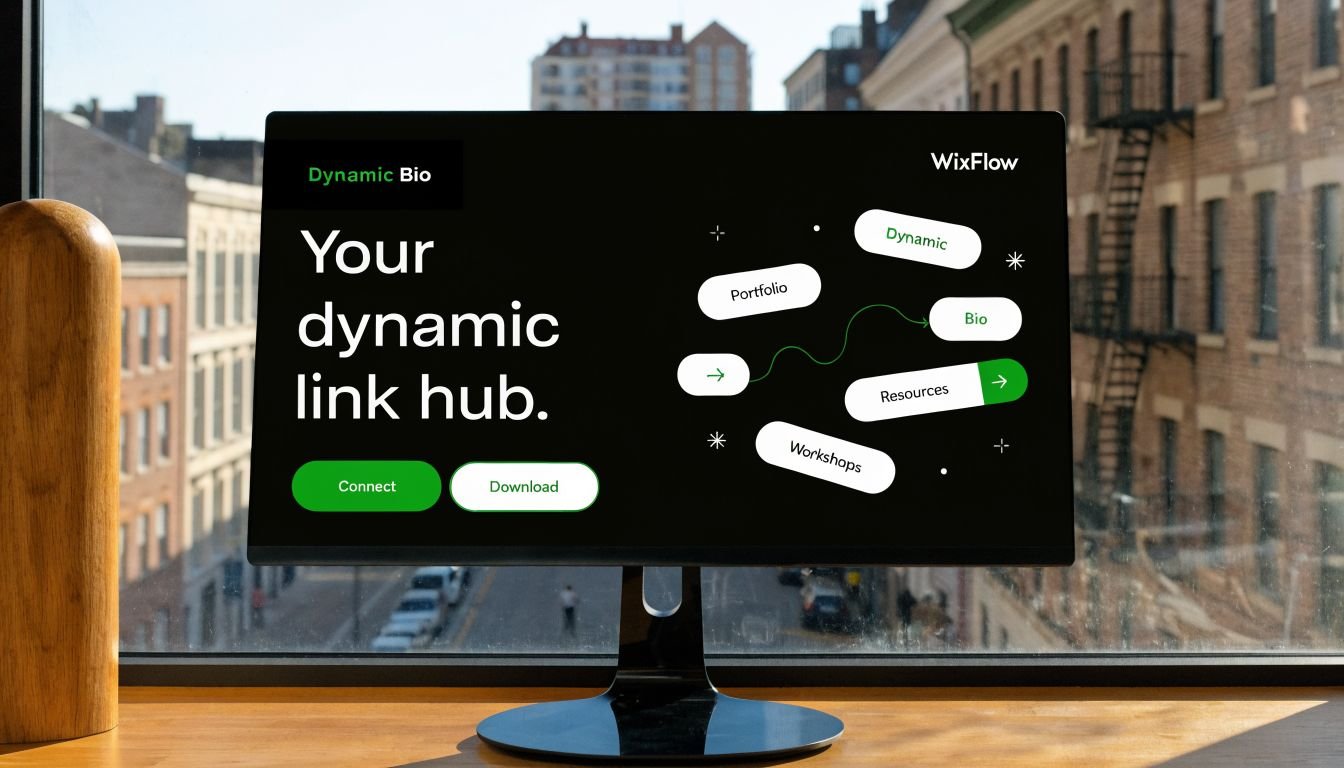 A computer monitor displaying a website titled Dynamic Bio featuring a modern link hub interface.