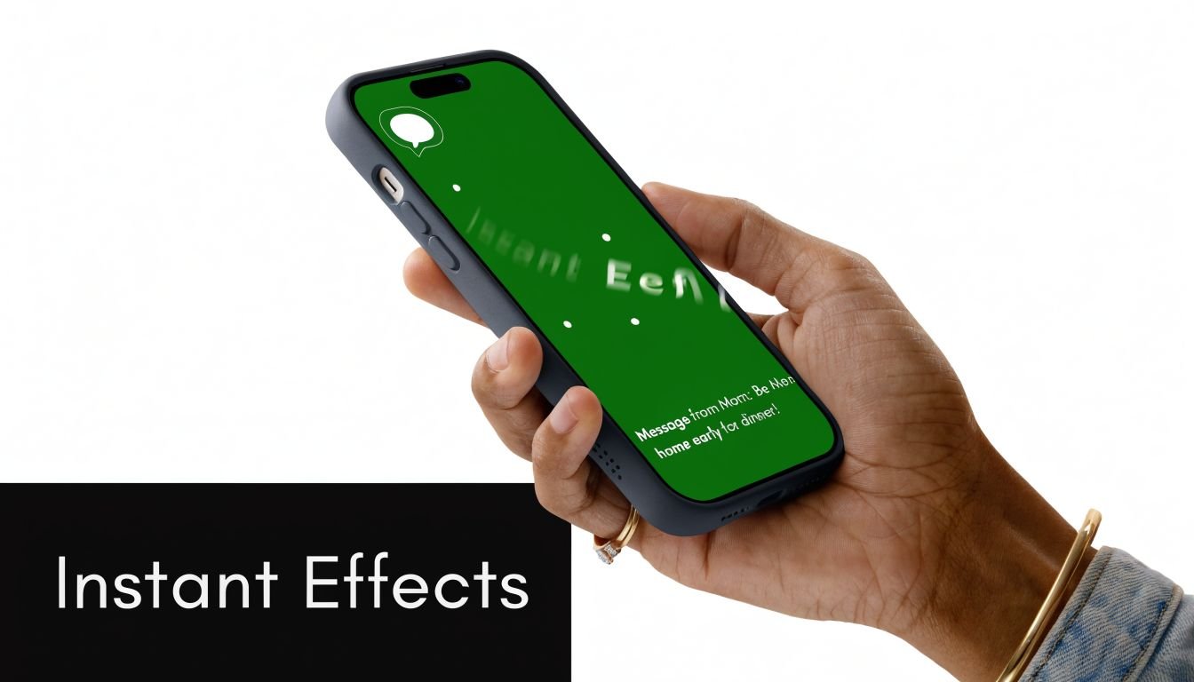 A hand holding a smartphone displaying an animated text message notification against a solid green background.