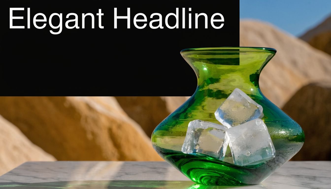 A vibrant green glass vase containing clear ice cubes sitting on a marble table outdoors.