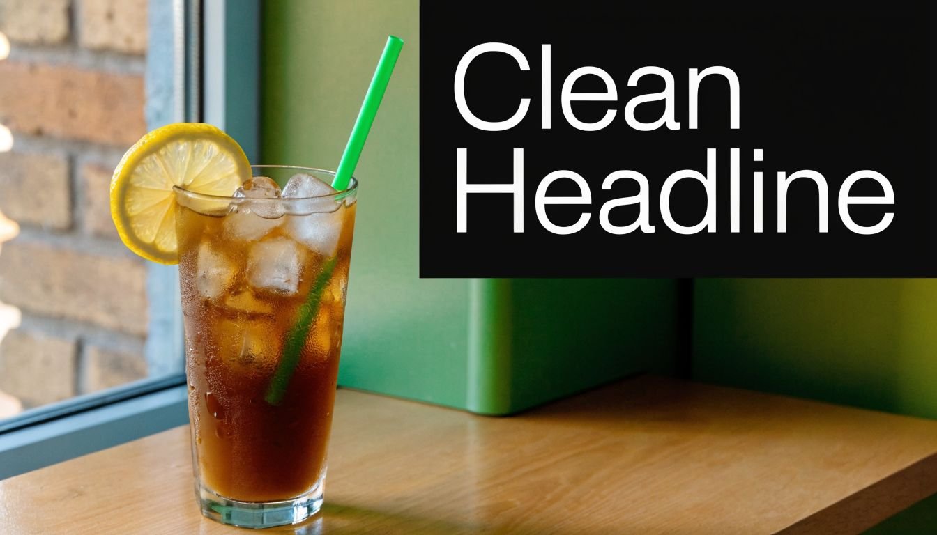 A refreshing glass of iced tea with a lemon slice and green straw sitting on a wooden table.