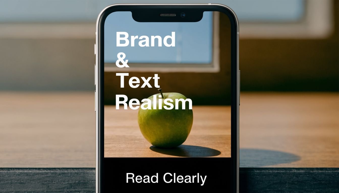 A close up view of a smartphone displaying white text overlaid on an image of a green apple.
