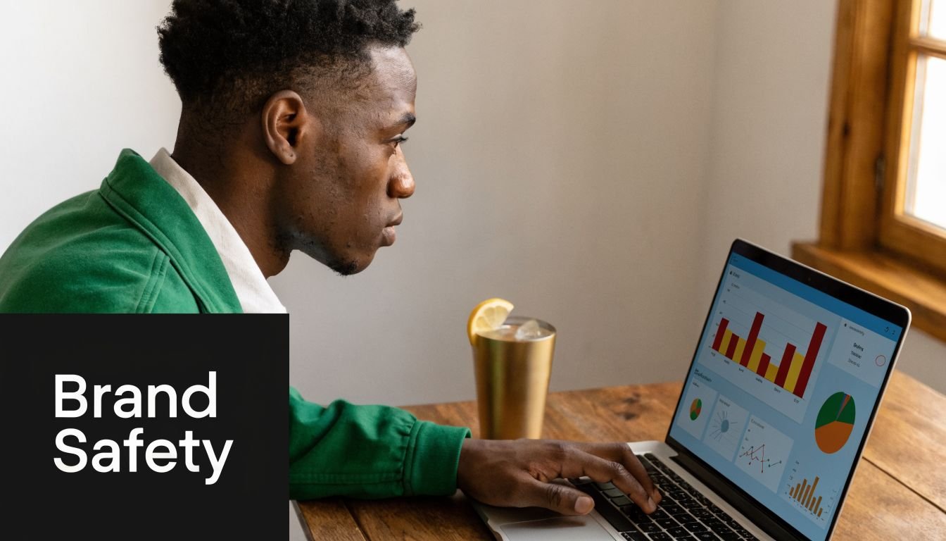 A man in a green shirt working on a laptop displaying data analytics charts.